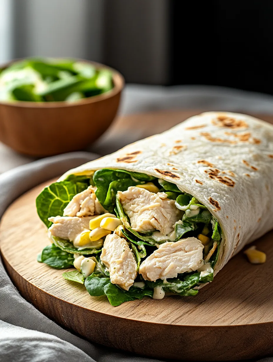 Ein Wrap mit Hähnchen, Salat und Mais.