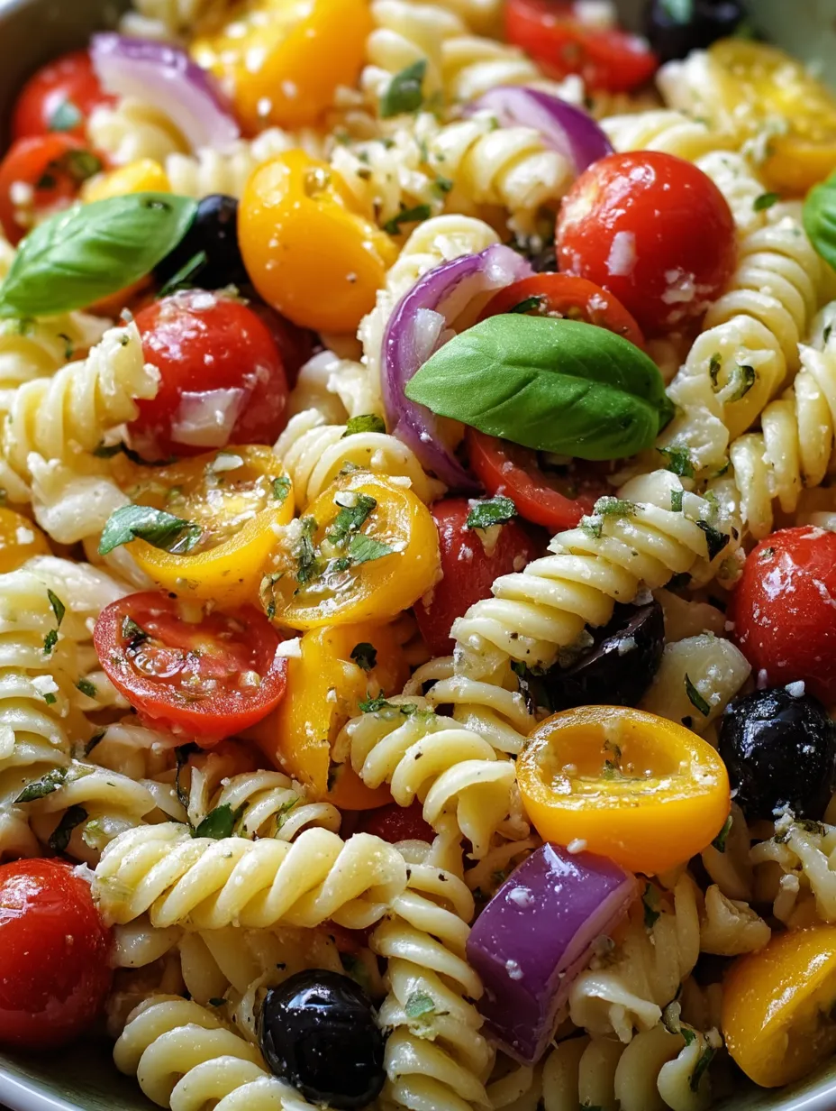 Eine Schüssel Nudeln mit Tomaten, Zwiebeln und Basilikum.