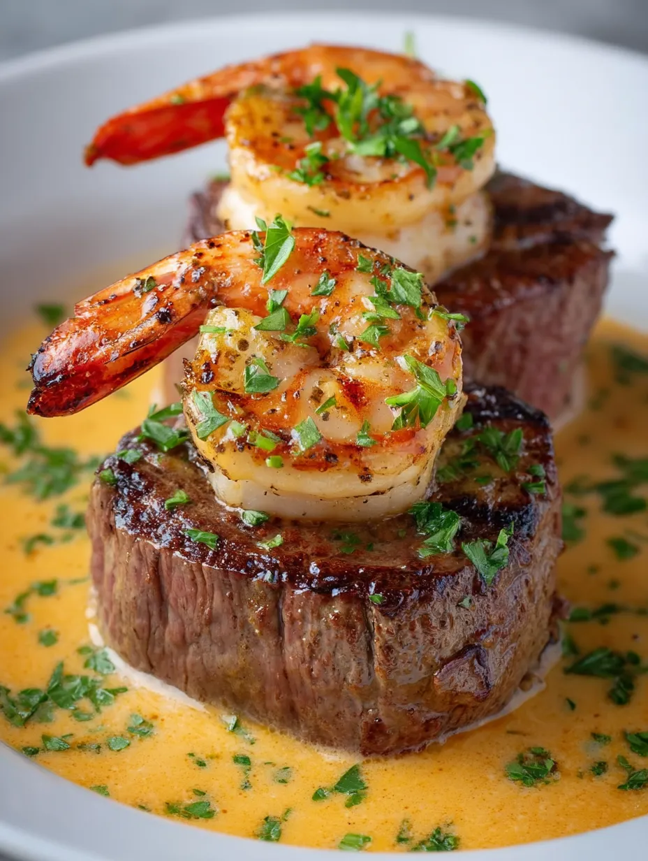Steak mit Garnelen on top.