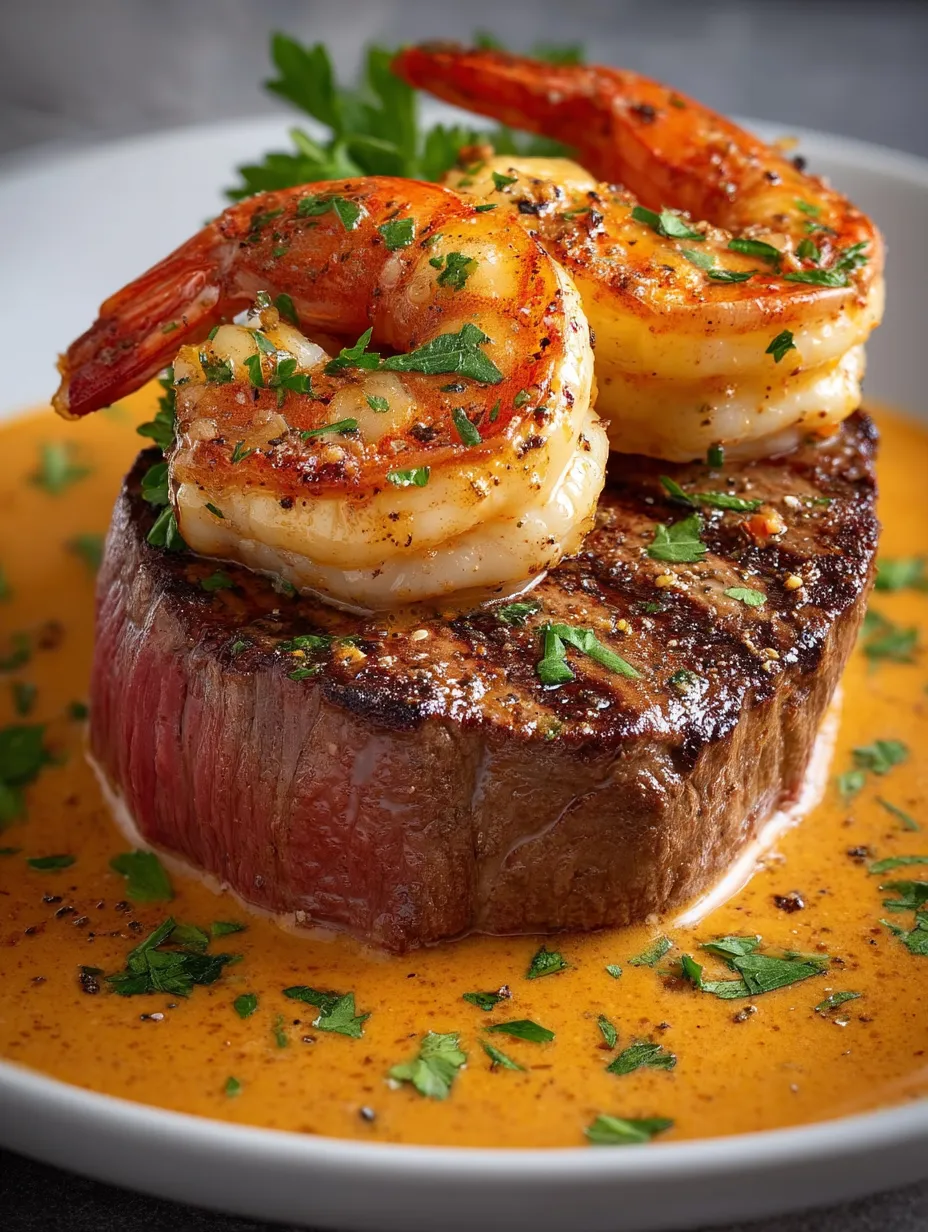 Garnelen und Steak angerichtet.
