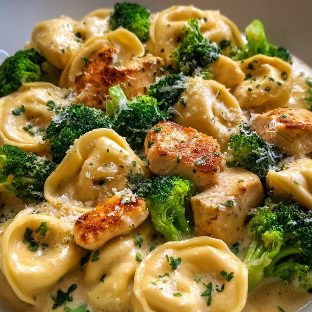 Ein Teller Pasta mit Brokkoli und Huhn.