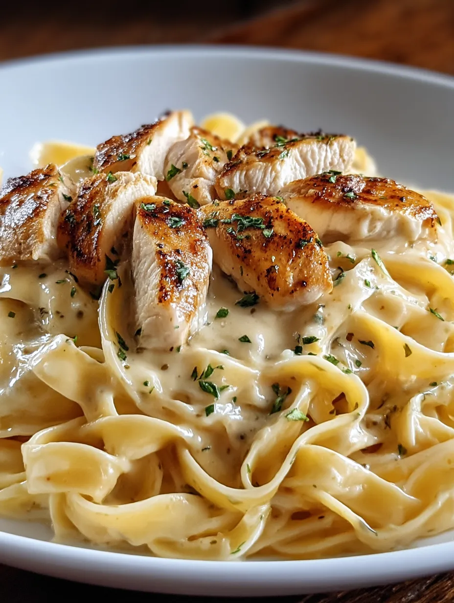 Ein Teller Pasta, obenauf Hähnchen.