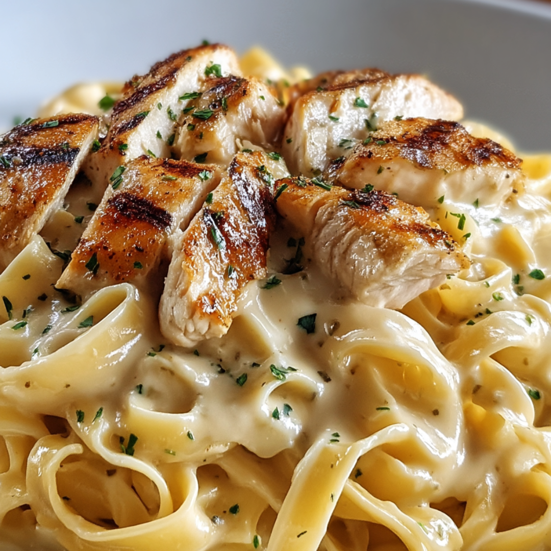 Ein Teller Pasta, darauf Hähnchen.