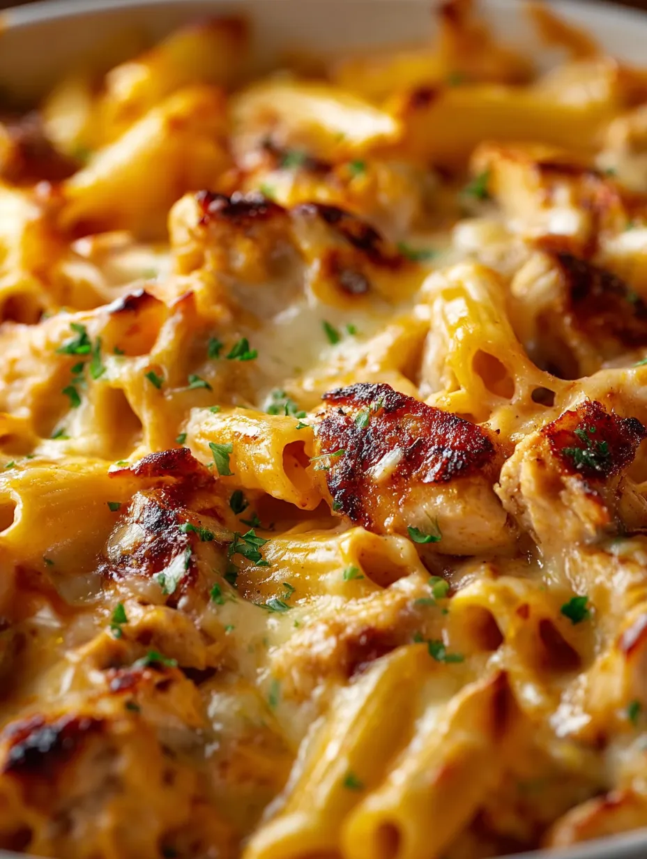 Teller mit Pasta und Hähnchen.