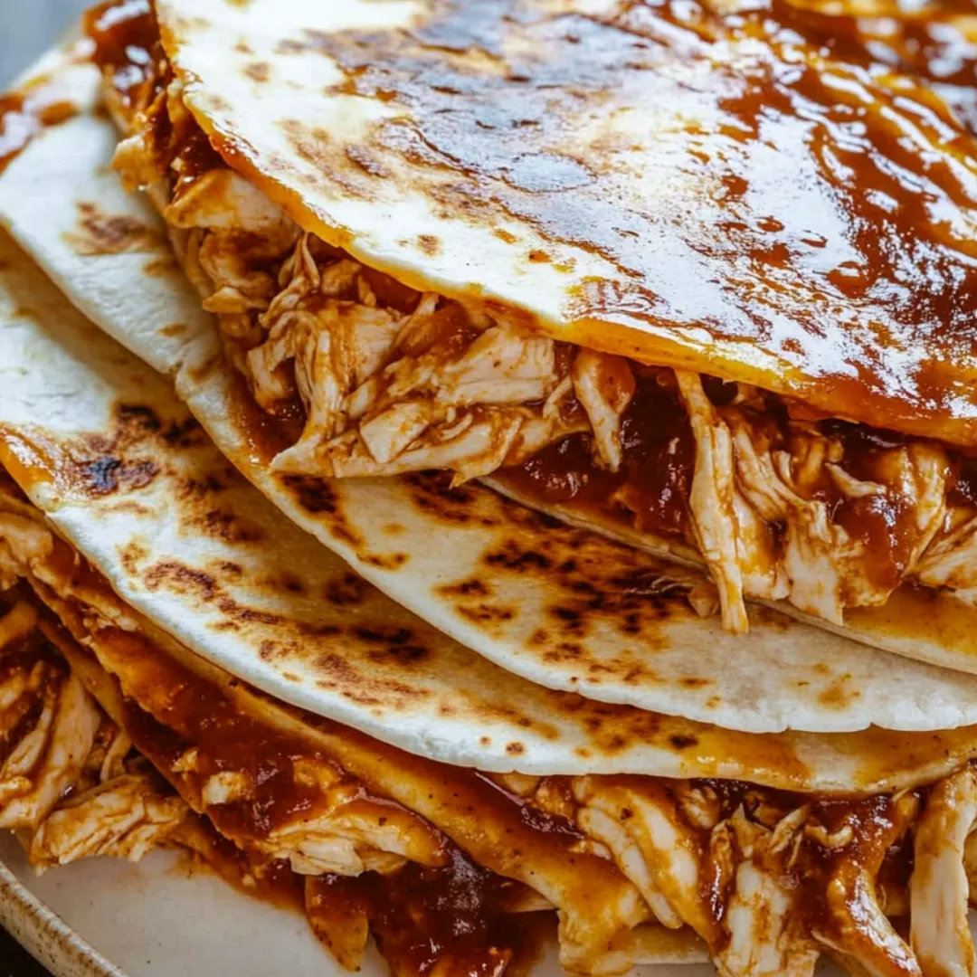 Gestapelte Hähnchen-Quesadilla-Ecken mit Dip dazu.