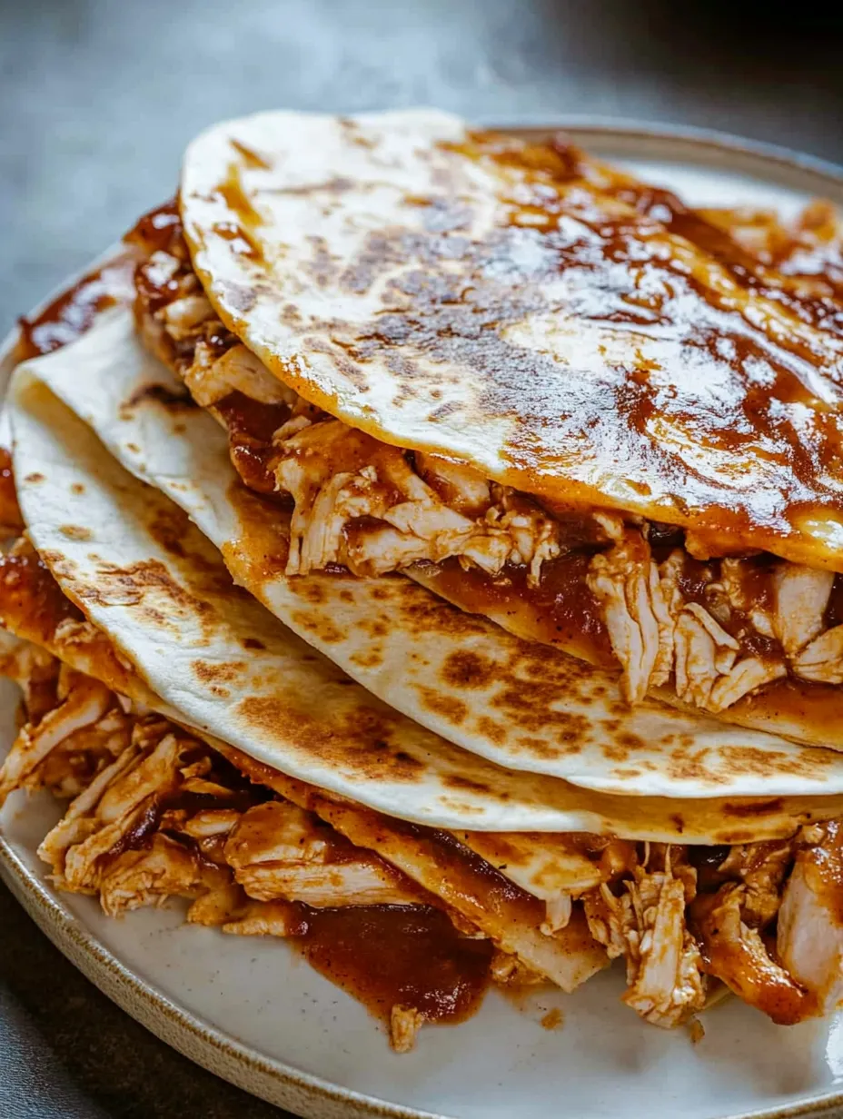 Ein Stapel Hähnchen-Tacos auf einem Teller.