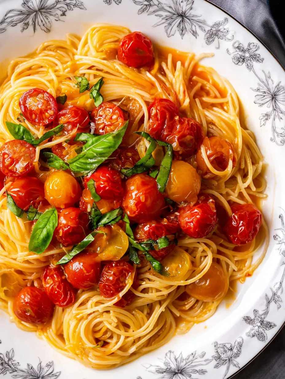 Ein Teller Spaghetti mit Tomaten und Basilikum.