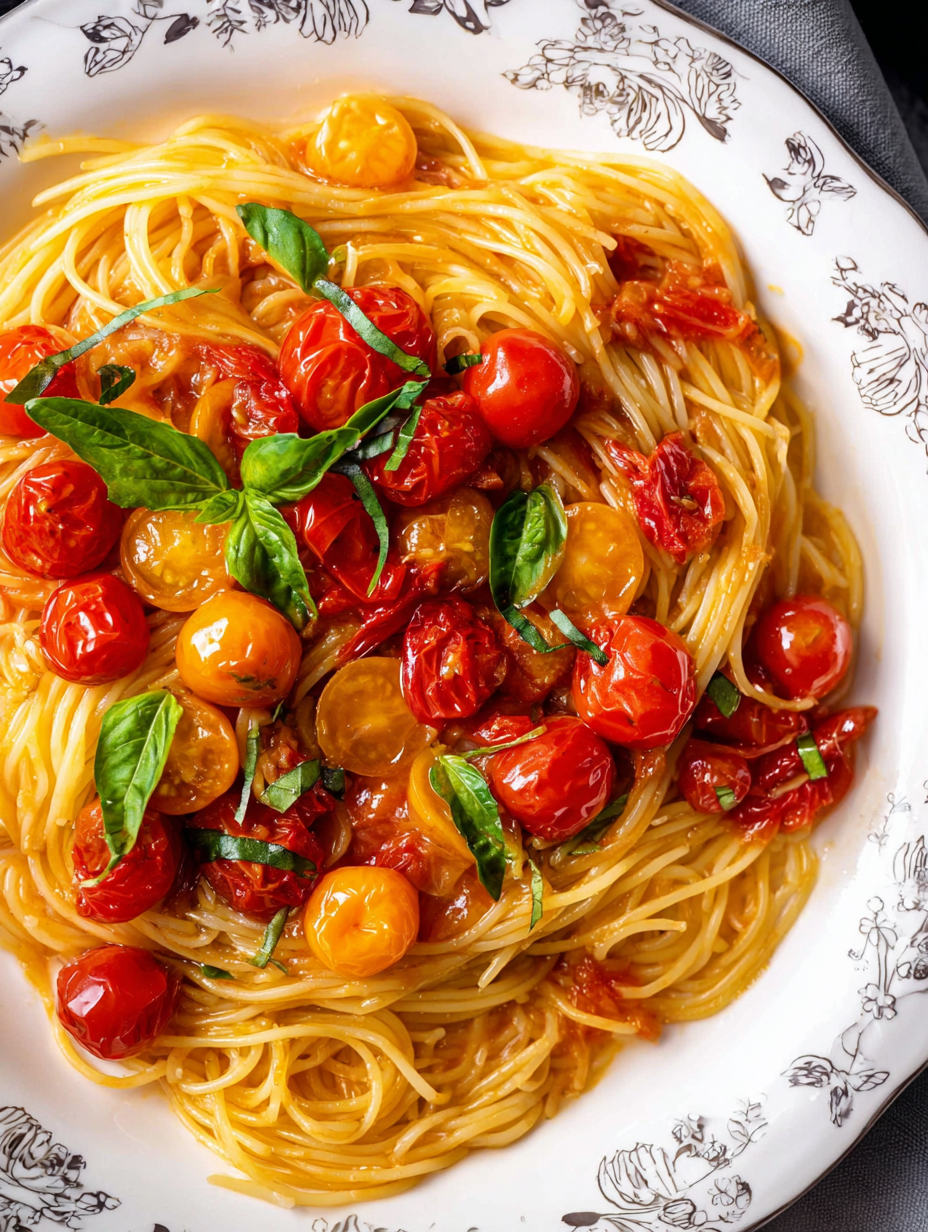 Ein Teller Pasta mit Tomaten und Basilikum.