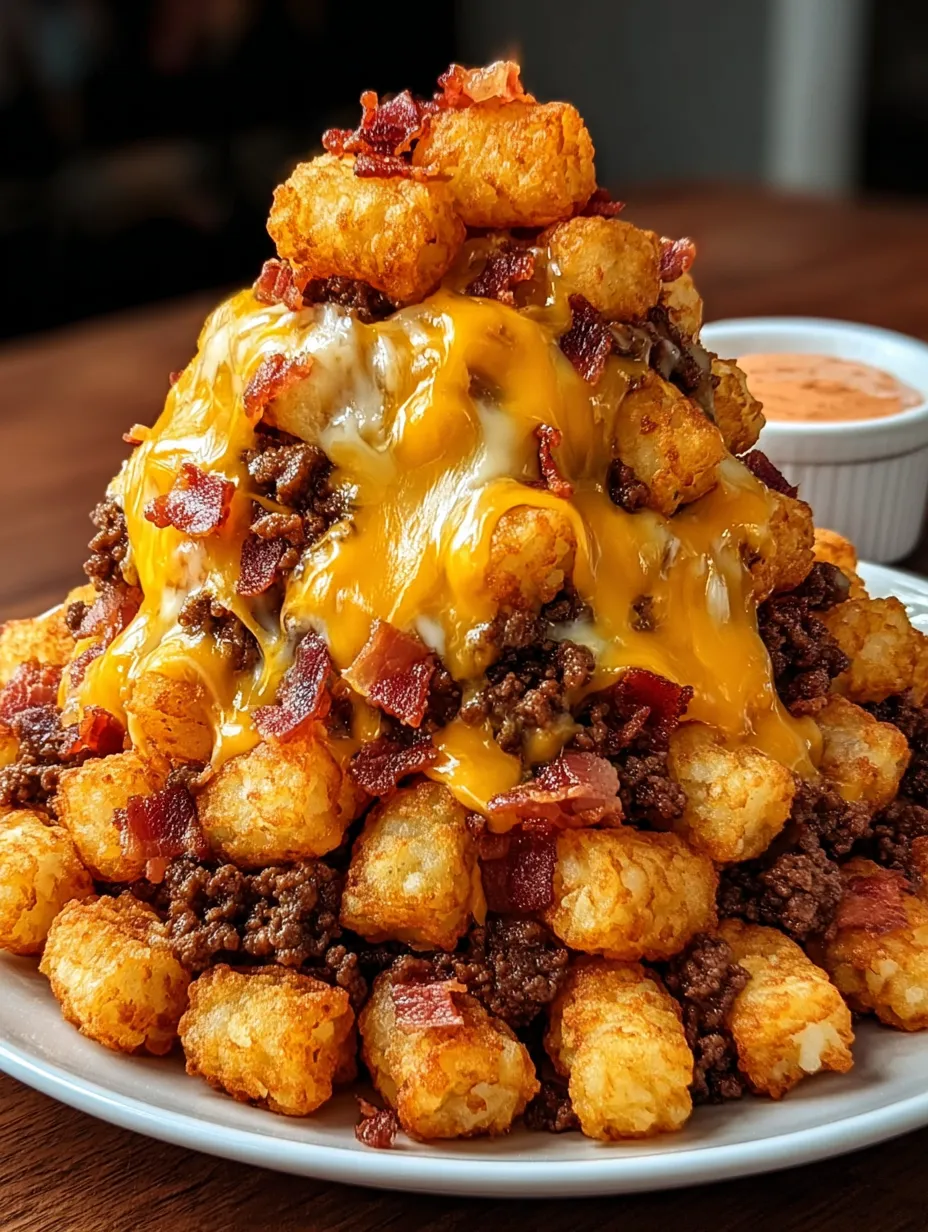 Ein Teller mit Bacon-Cheeseburger und Tater Tots.