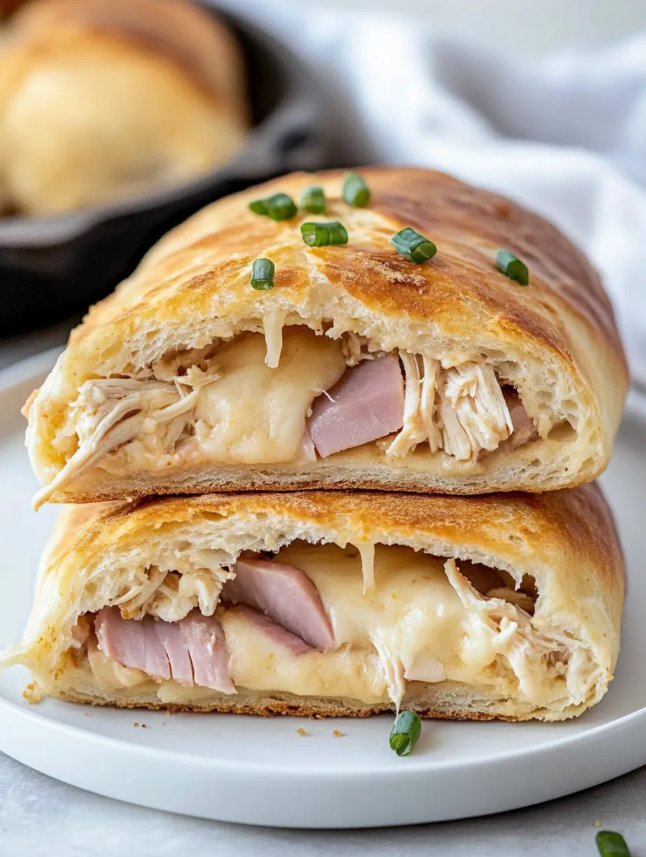 Ein belegtes Sandwich mit Fleisch und Käse auf einem weißen Teller.