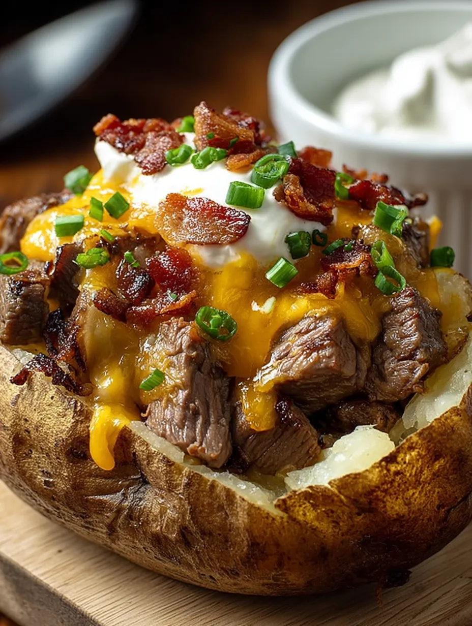 Nahaufnahme: Steak im Speckmantel in einer Ofenkartoffel.