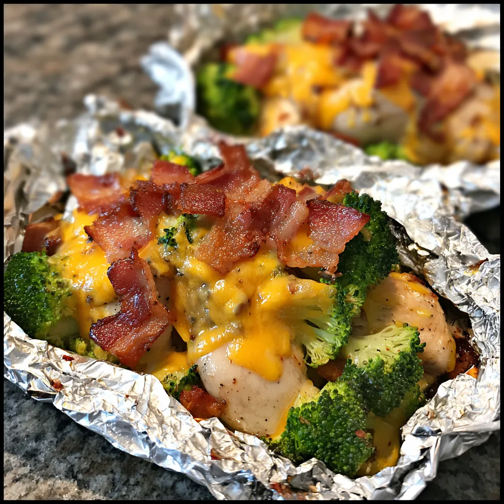 Ein Alupäckchen mit Bacon und Brokkoli.