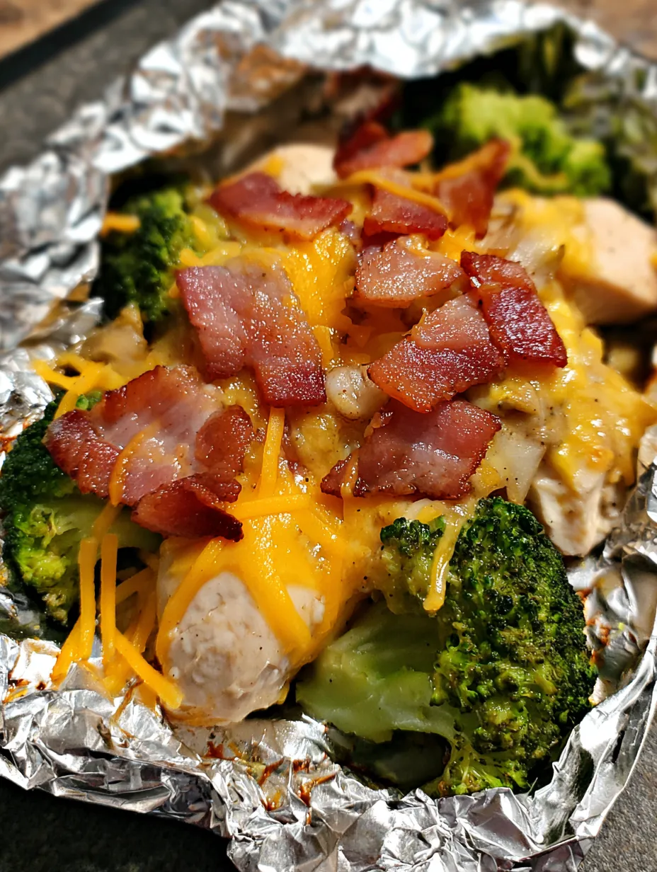 Bacon und Brokkoli auf einem Teller aus Alufolie.