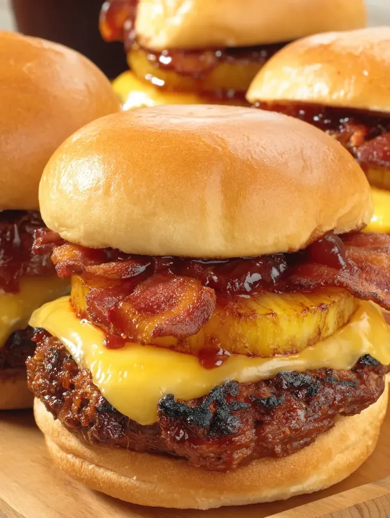 Nahaufnahme: Burger mit Bacon und Ananas.