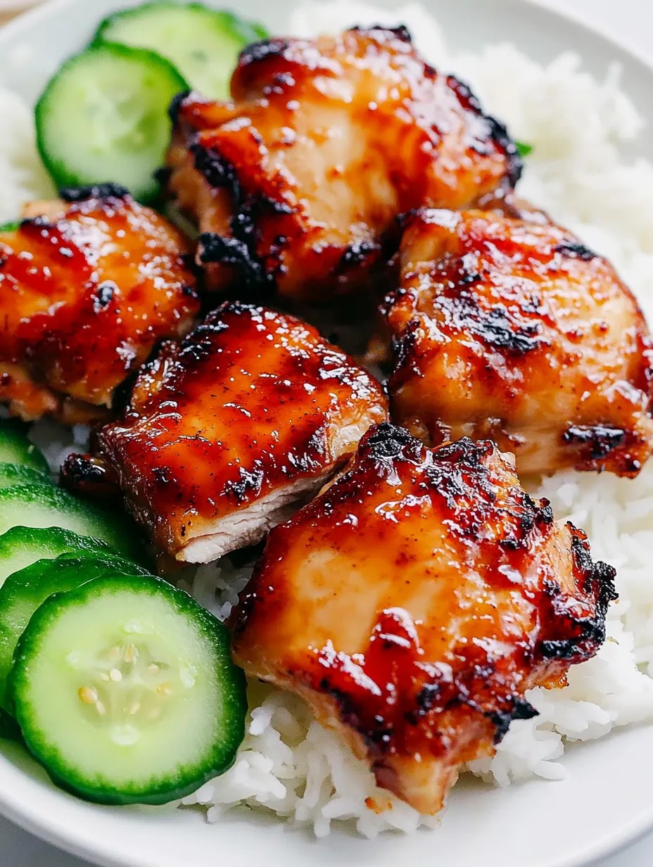 Teller mit Reis, gegrilltem Hähnchen und Gurken.