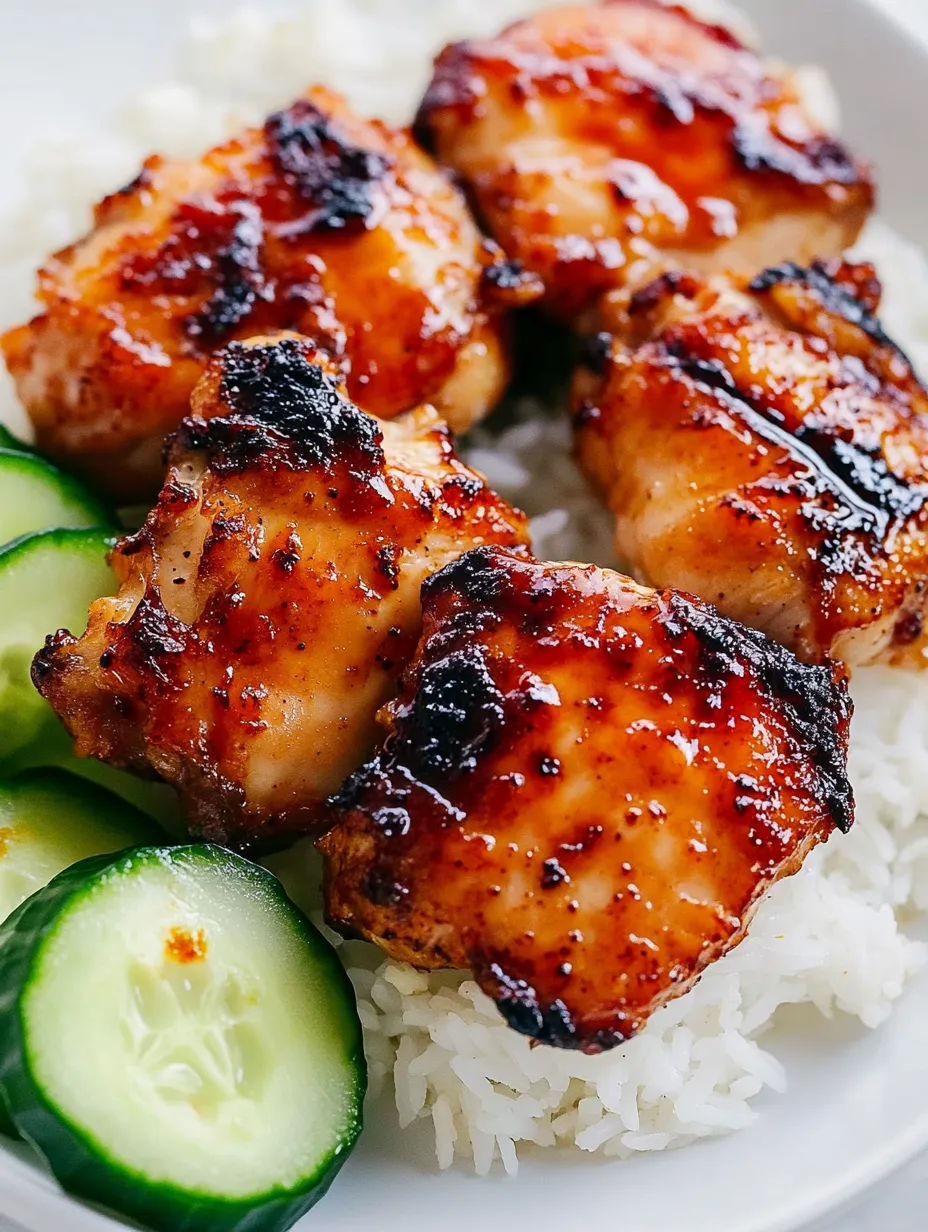 Teller mit Reis und gegrilltem Hähnchen.