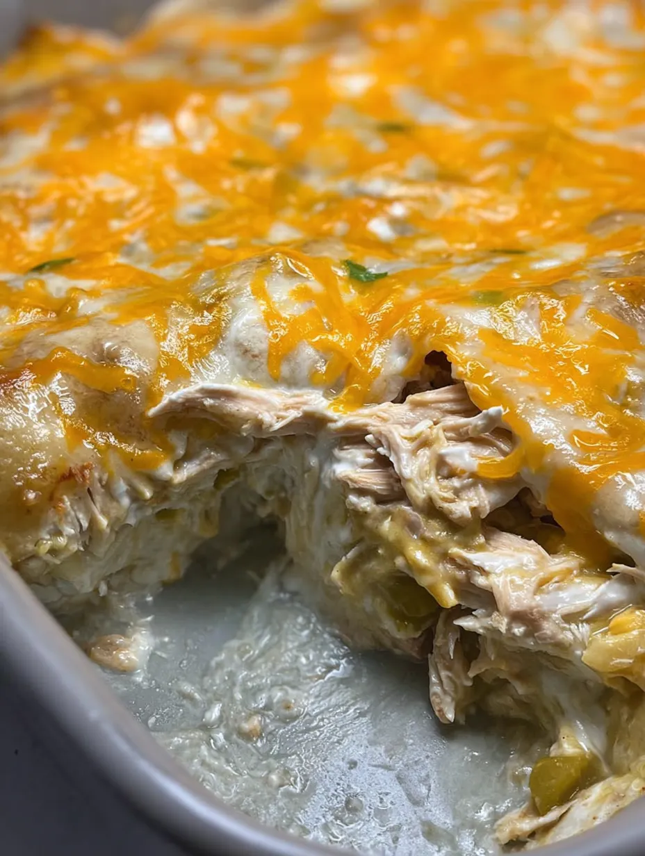 Ein Stück Auflauf mit Hähnchen und Käse.