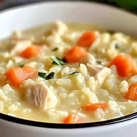 Eine Schüssel mit Suppe, Karotten und Reis.