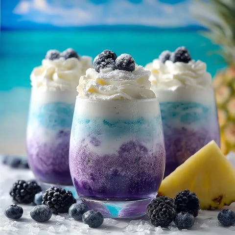 Zwei Gläser mit blau-weißen Drinks und Blaubeeren an der Seite.