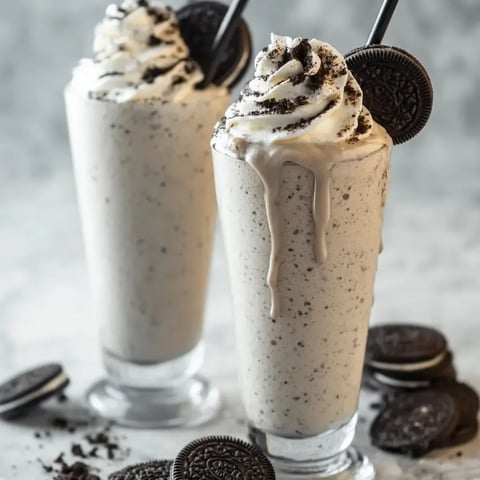 Zwei Gläser Milchshake mit Oreo-Keksen daneben.