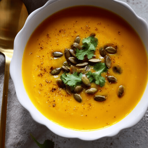 Eine Schale Suppe mit Löffel darin.