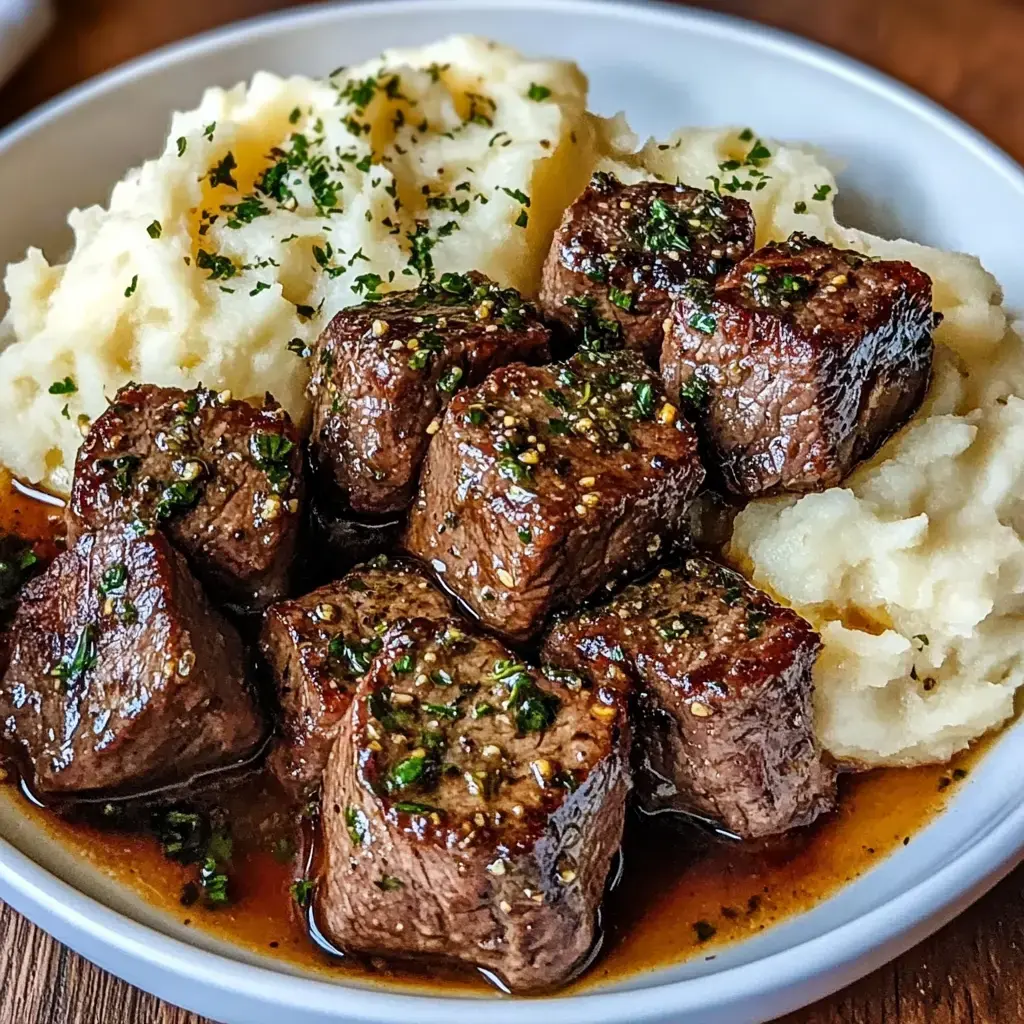 Ein Teller mit zarten Rinderwürfeln in einer herzhaften Sauce, serviert mit cremigem Kartoffelpüree und Kräutern garniert.
