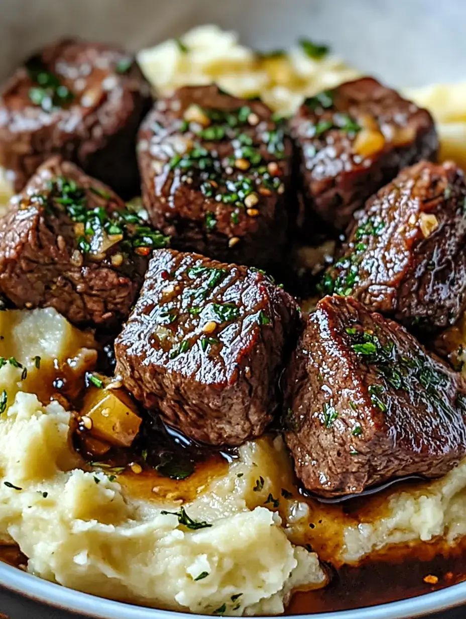 Eine Schüssel mit zarten Rindfleischwürfeln, garniert mit Kräutern, serviert auf cremigem Kartoffelpüree mit würziger Sauce.