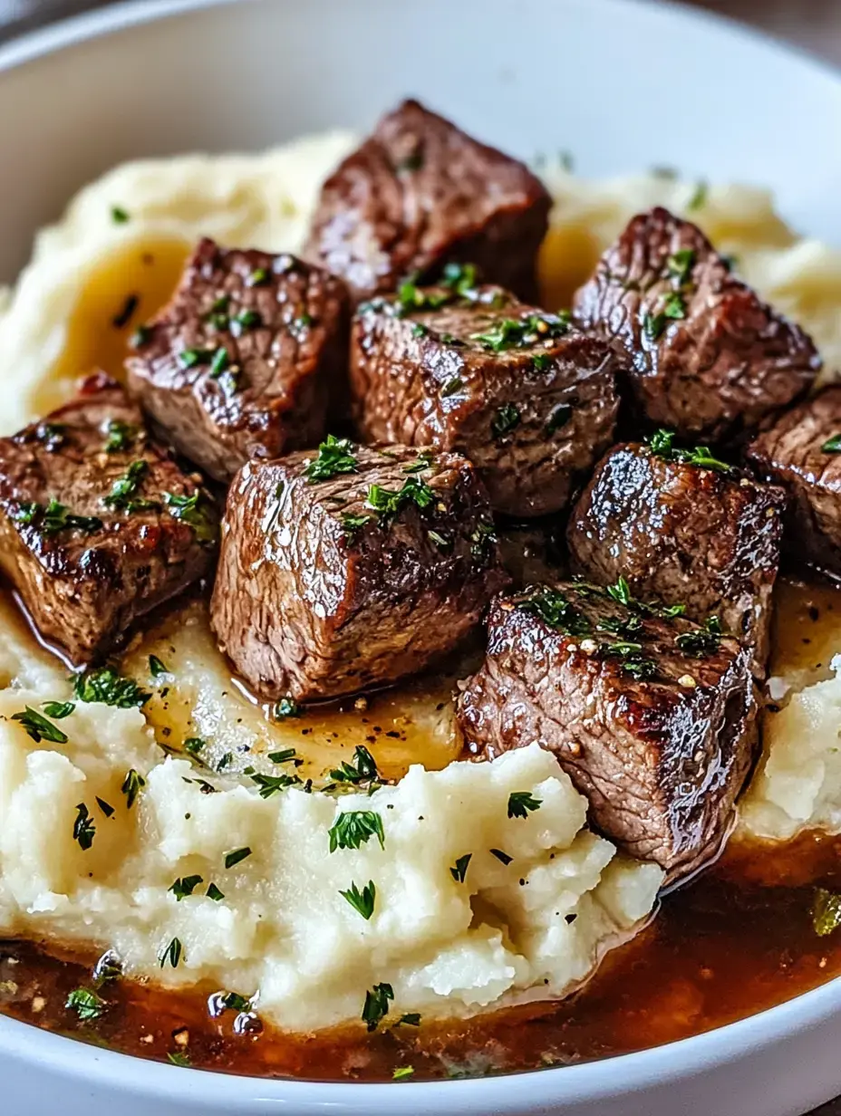 Eine Schüssel cremiger Kartoffelbrei mit zarten, angebratenen Rindfleischstücken, garniert mit Petersilie und Sauce.