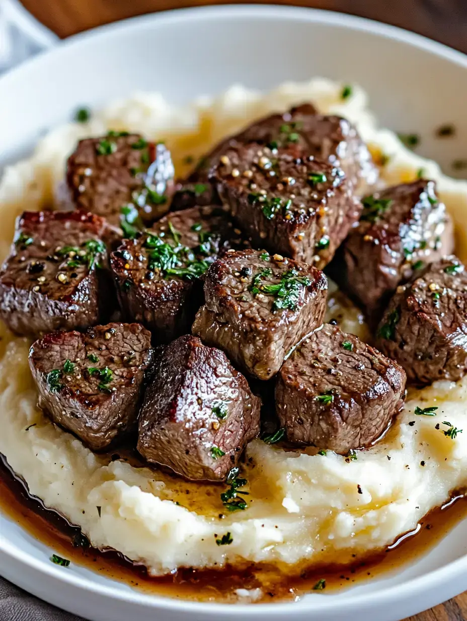 Ein Teller mit saftigen Rindfleischwürfeln, garniert mit Kräutern, serviert auf cremigem Kartoffelpüree mit einem Hauch Sauce.