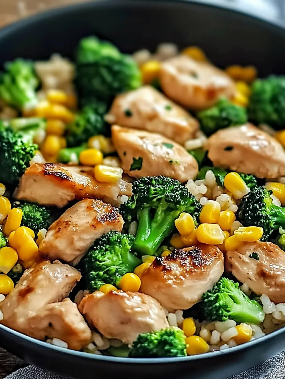 Easy Chicken and rice pan with broccoli and corn