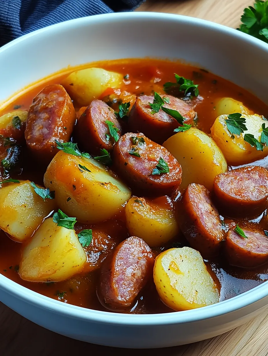 Einfaches Kartoffelgulasch mit Würstchen