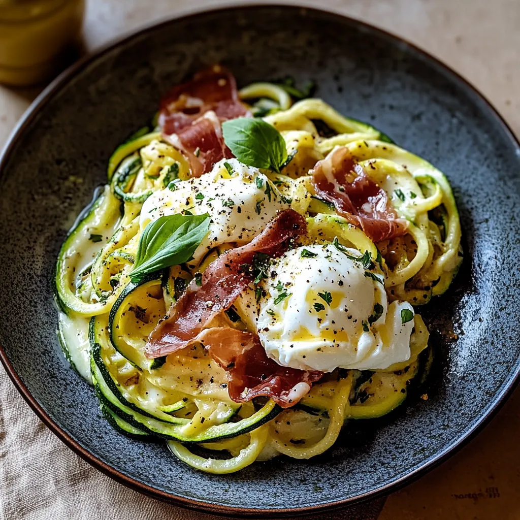 Zucchini-Carbonara mit knusprigem Prosciutto und Burrata