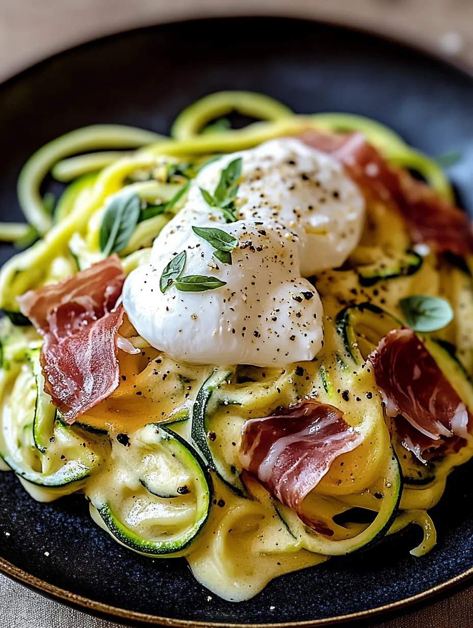 Einfache Zucchini-Carbonara mit knusprigem Prosciutto und Burrata