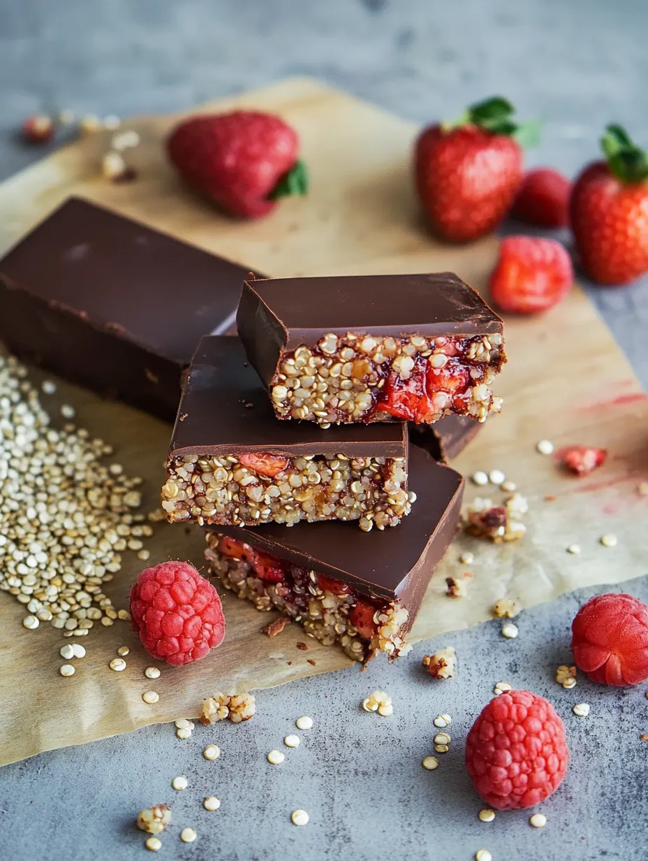 A chocolate bar with nuts and strawberries on top.