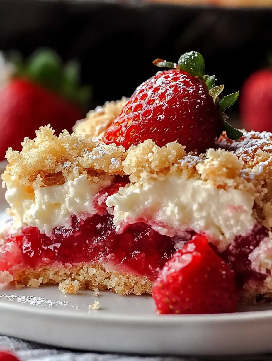 Ein Kuchenstück mit Erdbeeren oben drauf.