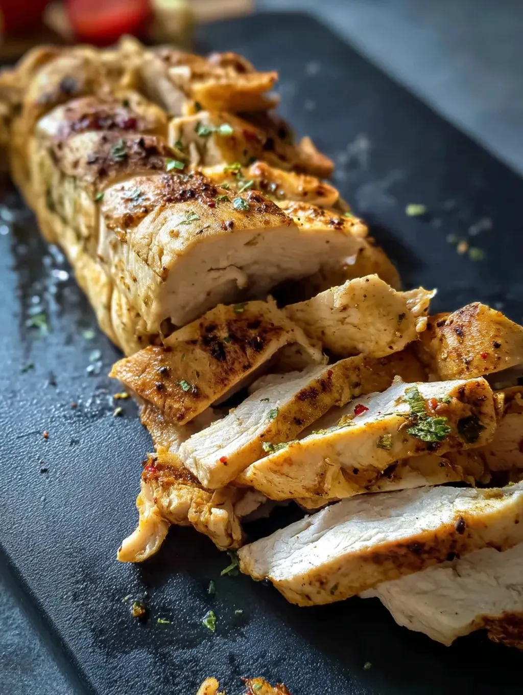 Ein Teller Hähnchen mit Paprika und Kräutern.