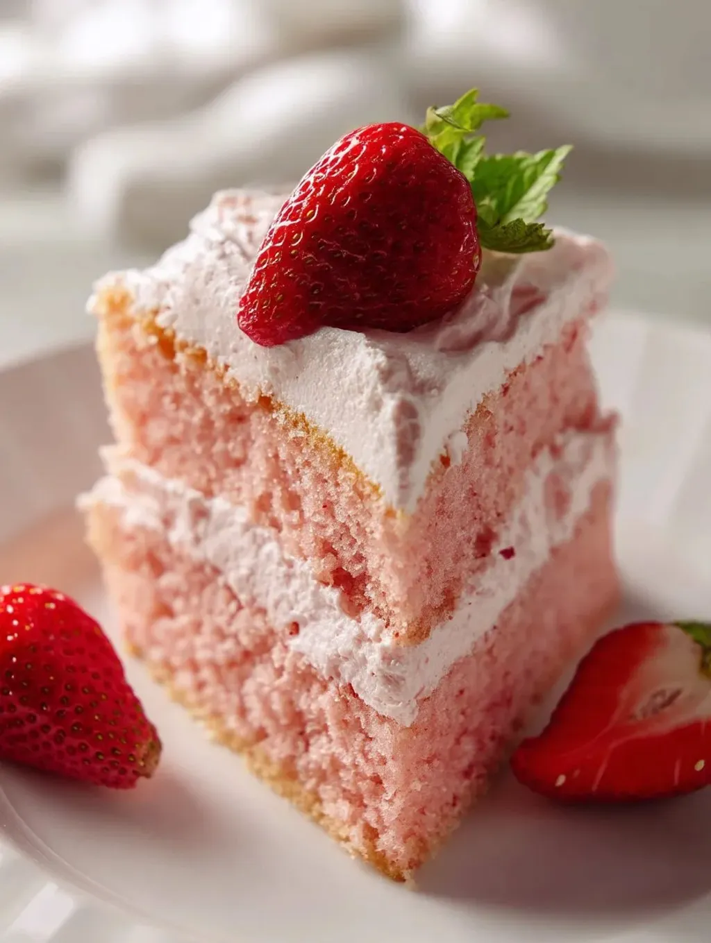Ein Stück rosa Kuchen mit Erdbeeren obendrauf.