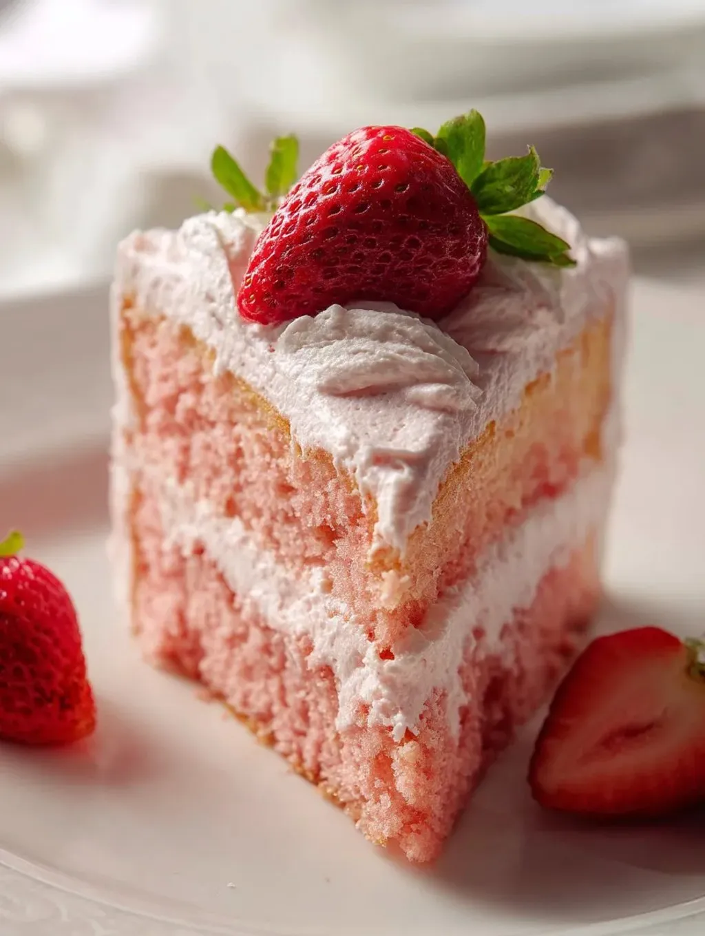 Ein Stück Kuchen mit Erdbeeren obendrauf.