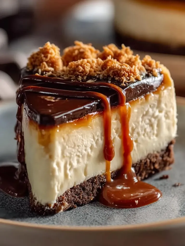 Ein Stück Käsekuchen mit Karamellsoße obendrauf.