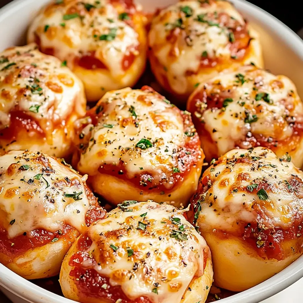 Eine Schüssel mit gefüllten Mini-Pizzabällchen aus Käse und Tomaten.