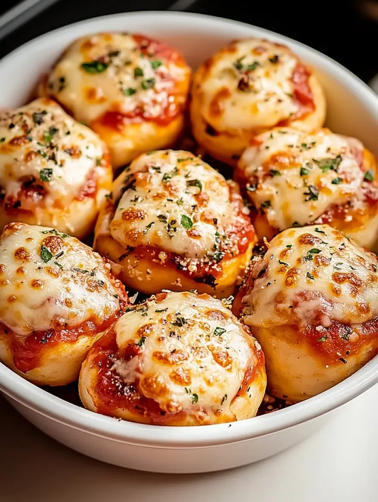 Eine Schüssel mit Käse und Tomaten gefülltem Brot.