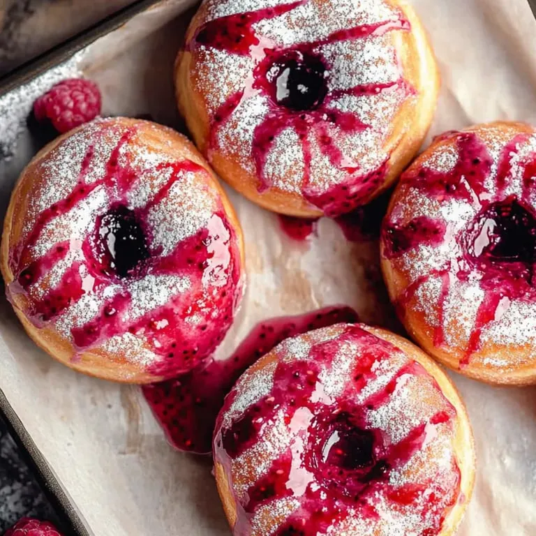 Ein Teller mit Donuts, die rote und weiße Glasur haben.
