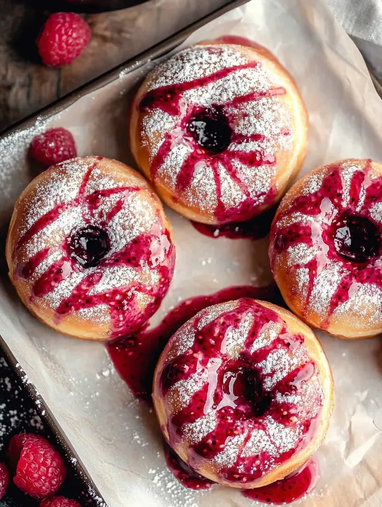 Ein Teller mit Donuts und Himbeersauce.