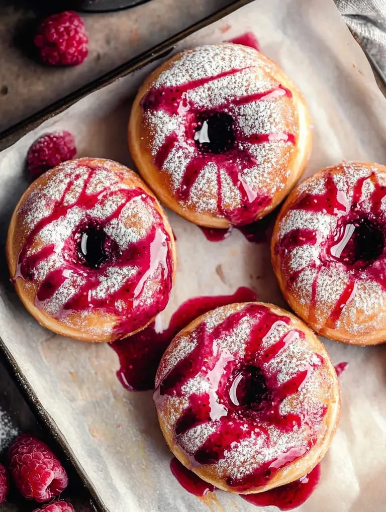 Ein Teller mit Donuts mit rosa Glasur und Himbeeren.