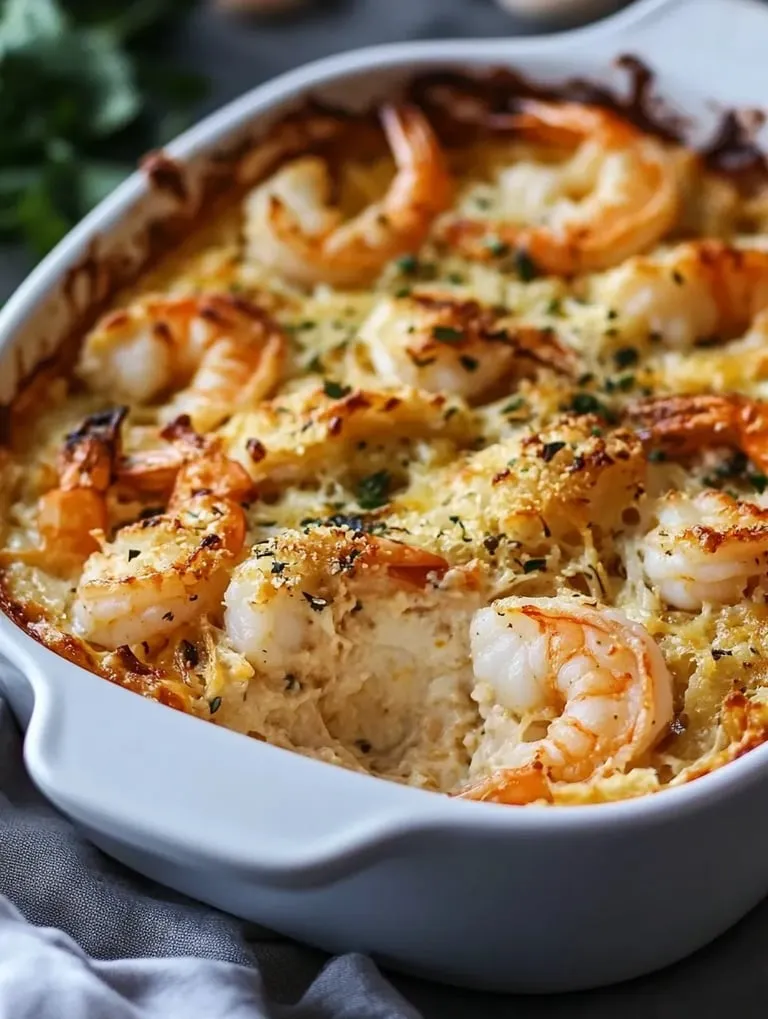 Eine weiße Schüssel gefüllt mit Garnelen und Käse.