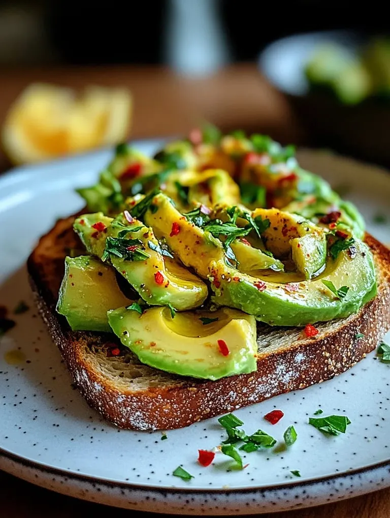 Eine Brotscheibe mit Avocado und Paprika darauf.