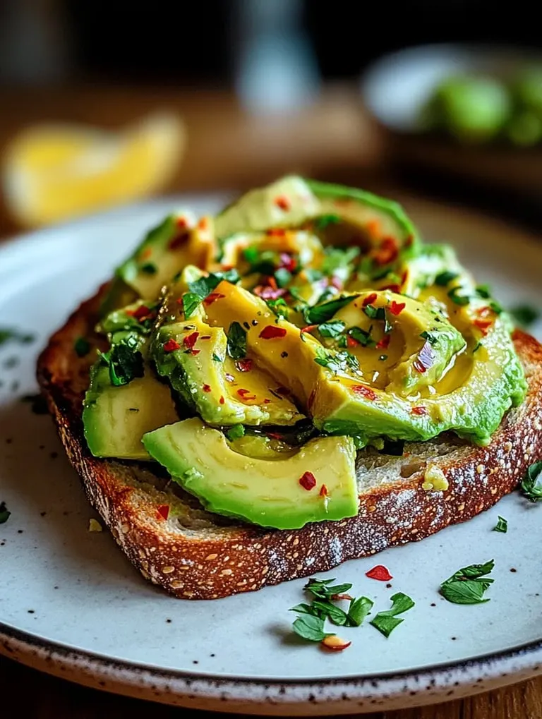 Eine Brotscheibe mit Avocado und Paprika darauf.