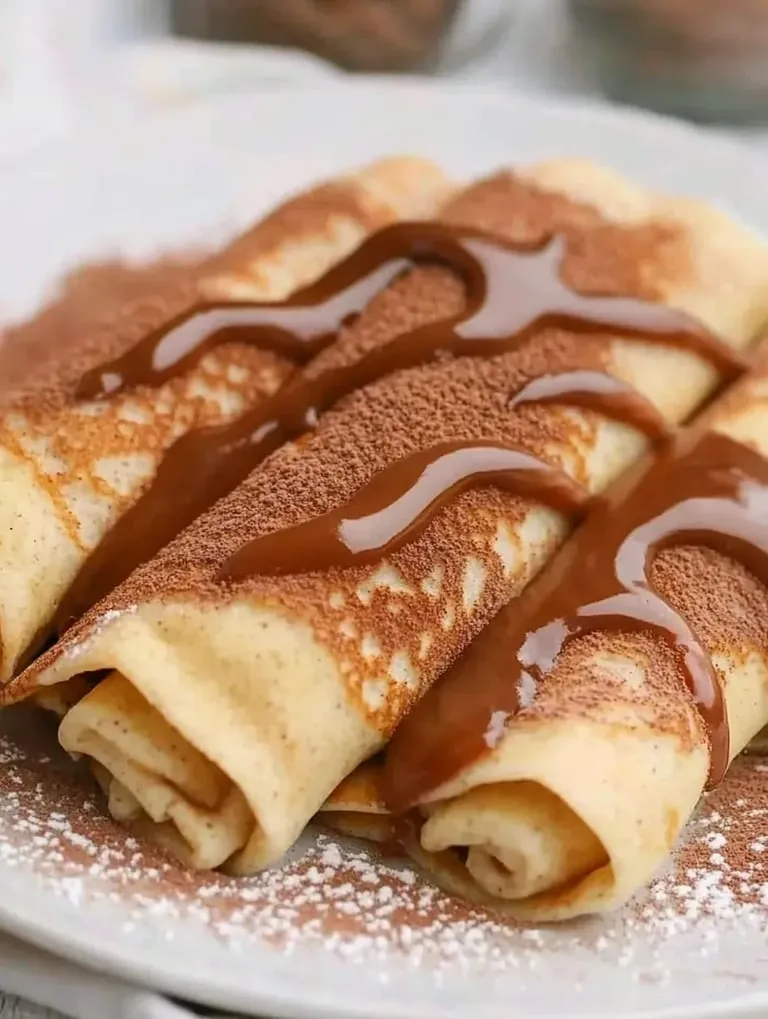 Schokoladensoße, die über einen Crêpe gegossen wird.