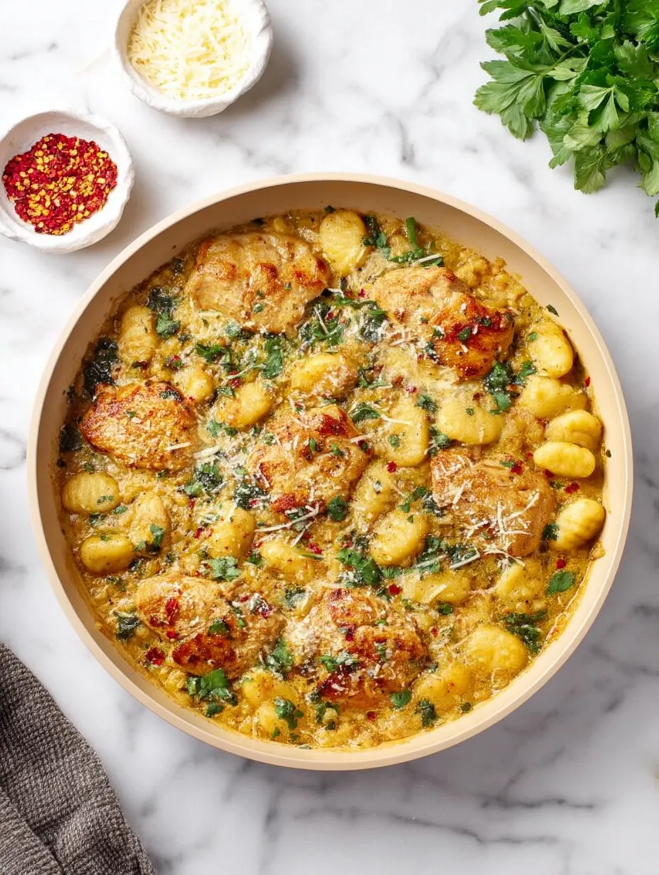 Eine Schüssel mit Hähnchen und Gnocchi Gericht.