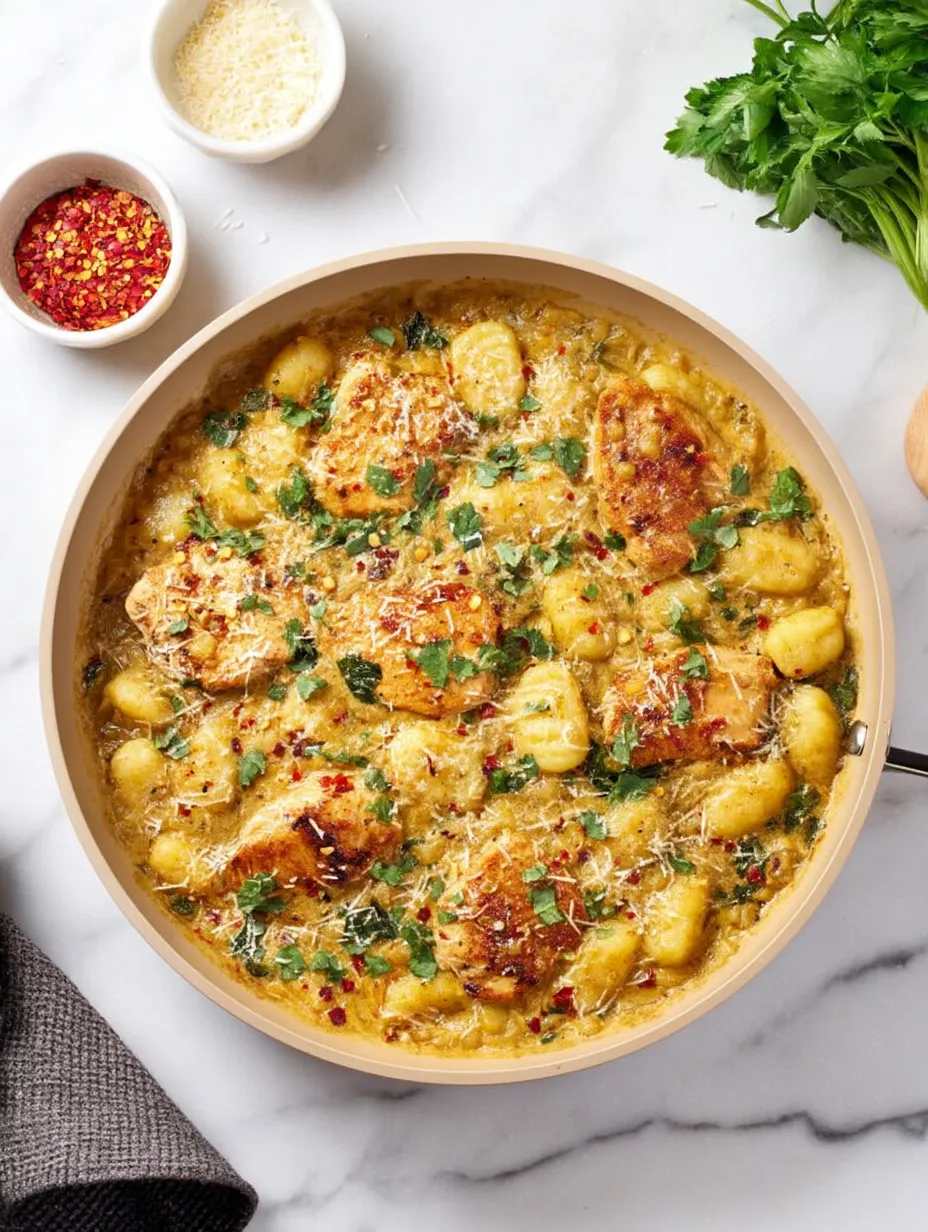 Eine Schüssel mit Hähnchen und Gnocchi Gericht.